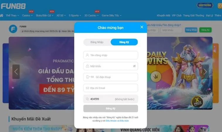 Đăng Ký Fun88 Chớp Nhoáng Nhận Ngay Thưởng Khủng 6 Triệu Đồng 2 Giao diện đăng ký Fun88
