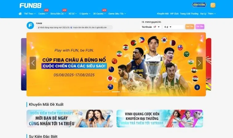 Giao diện trang chủ nhà cái FUN88